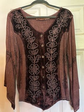 Agan Traders  Velvet Embroidered Button-Front Long Sleeve Top in brown.